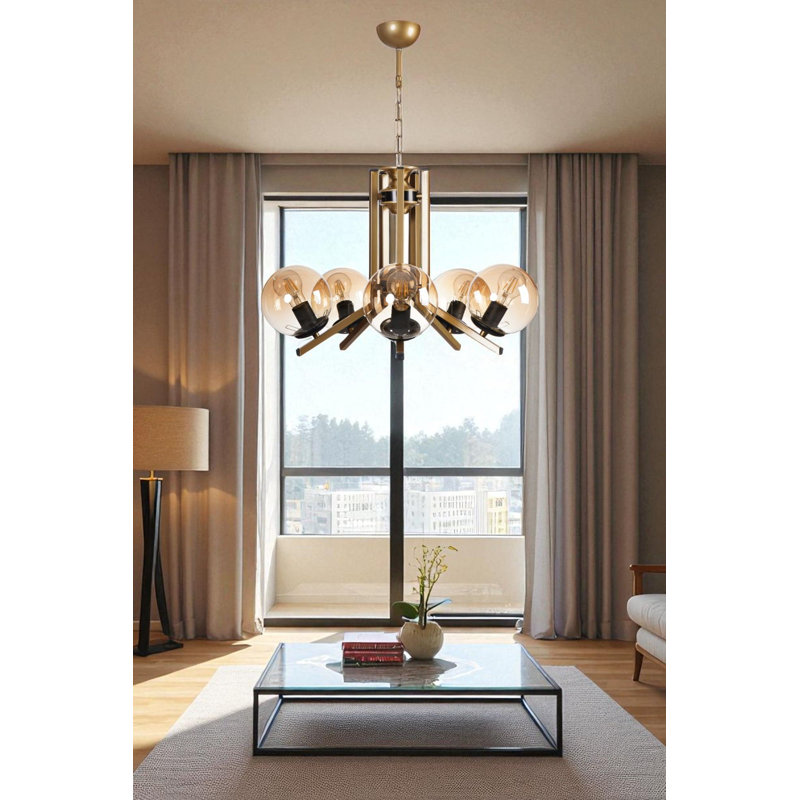 Lustre élégant en métal doré et miel, hauteur réglable, 29,5 po x 5,9 po | 5 x douilles E27 (40 W maximum) | Certifié IP20 | Parfait pour la salle à manger et les espaces de vie, conception élégante en verre, ampoule non incluse