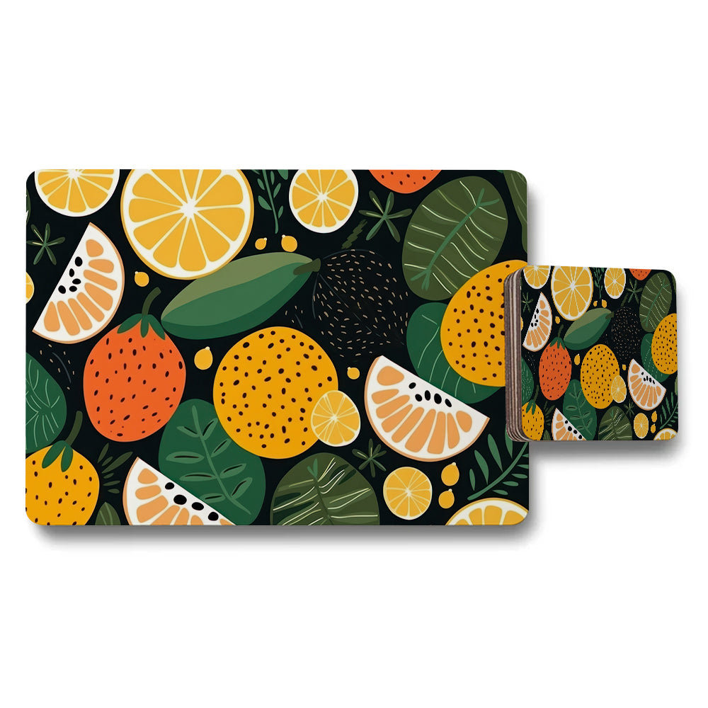 Fruit Themed Placemat And Coaster Set With Citrus Pattern
