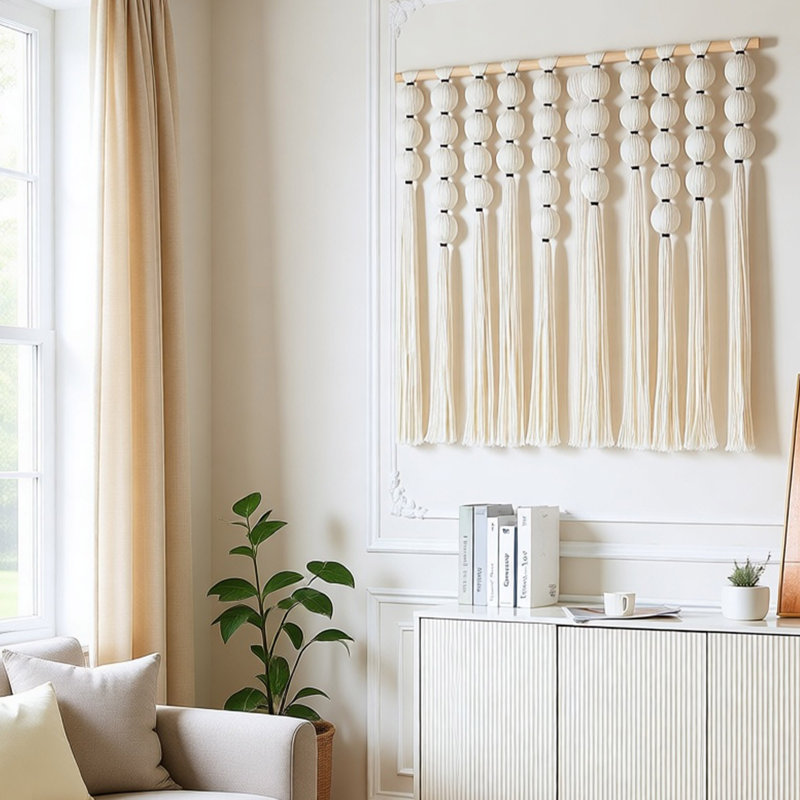 Grande décoration murale en macramé avec pampilles, décoration murale bohème en coton tissé à la main avec nœuds texturés, tapisserie décorative pour chambre à coucher, salon et tête de lit (crème, l 39 po x L 38 po)