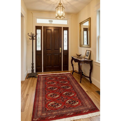 Tapis unique en laine noué à la main rouge / beige 3 pi 4 po x 5 pi 4 po Patriana
