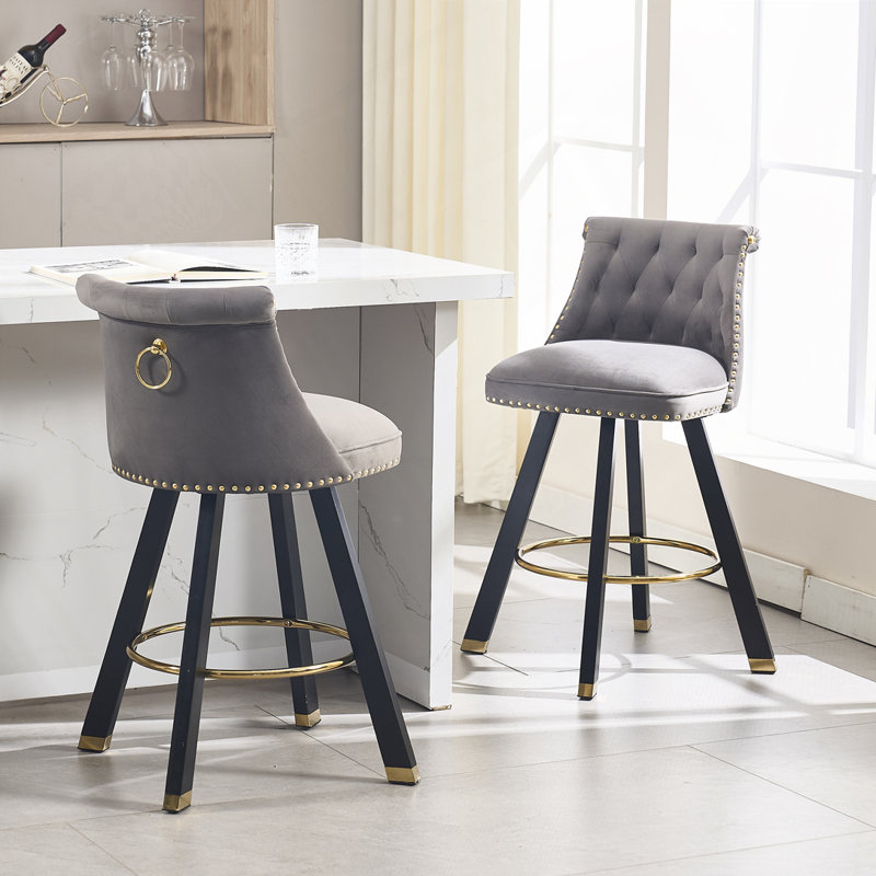 Velvet Upholstered Barstools set of 2, Dark Gray