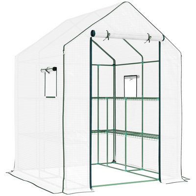 Serre de plain-pied 1,40 m x 1,43 m, avec système d'arrosage automatique, étagères à légumes à 2 niveaux, blanche, pour extérieur, jardin, terrasse, étagères à fruits portables en acier résistant à la pluie