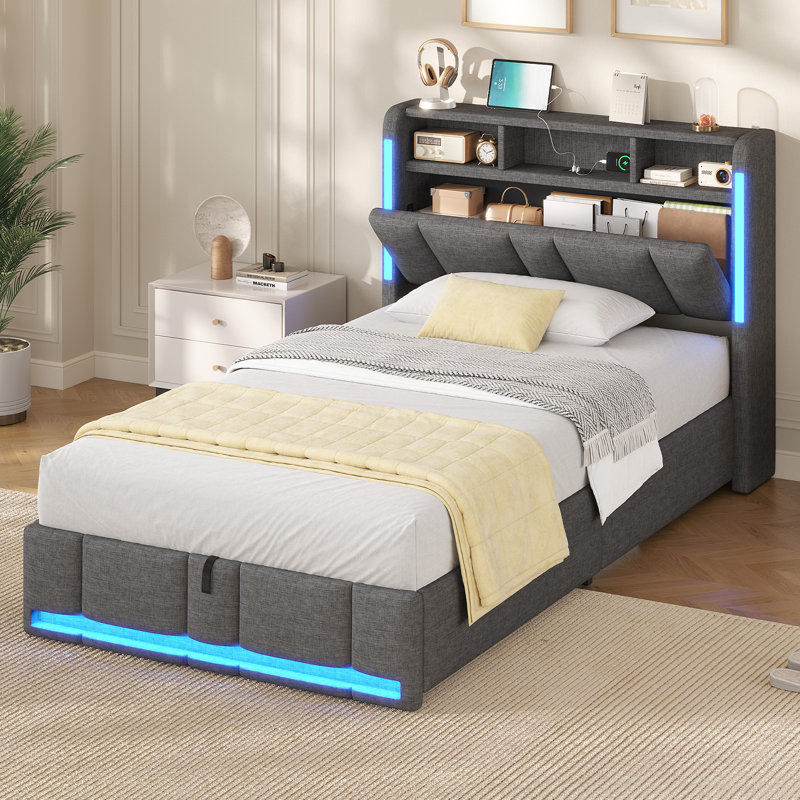 Ottoman Bed with Hydraulic Storage, Charging Station & Led Lights, Upholstered Platform Bed Frame with Storage Headboard, Sturdy Wood Slats