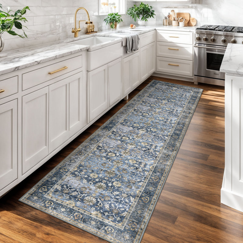 Area Rug Machine Washable Rug Oriental Indoor Rugs with Non-Slip Backing, Runner 2' x 7', Blue/Gray/Beige