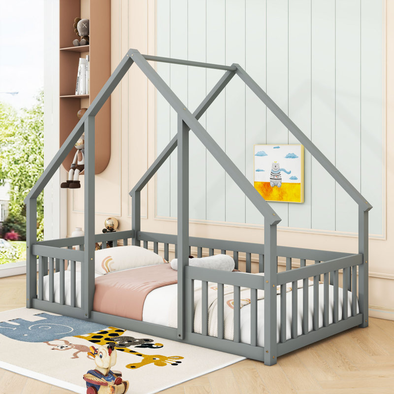 Lit en bois avec garde-corps, gris, Simple