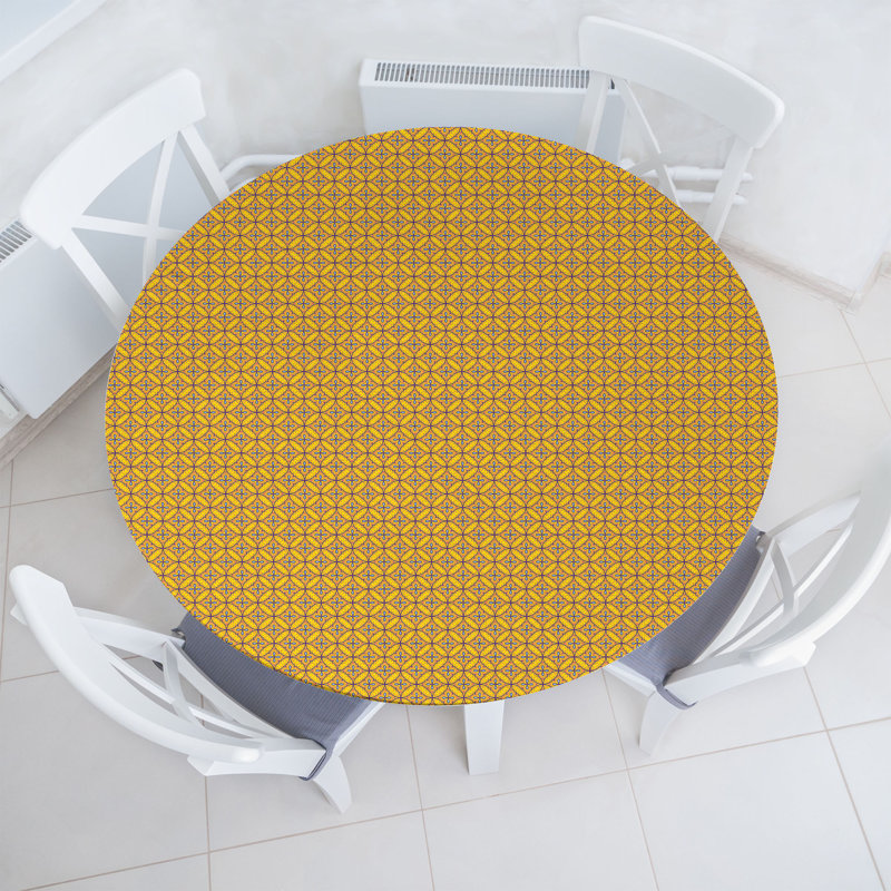 Ebern Designs Oriental Fitted Round Tablecloth Diameter Mustard Violet, 64.17" Round