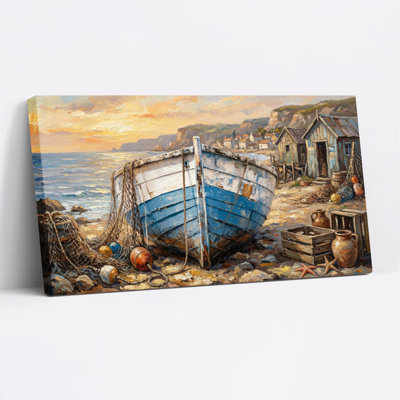 Ensemble de 1 tableau sur toile représentant un bateau de pêche et un village côtier