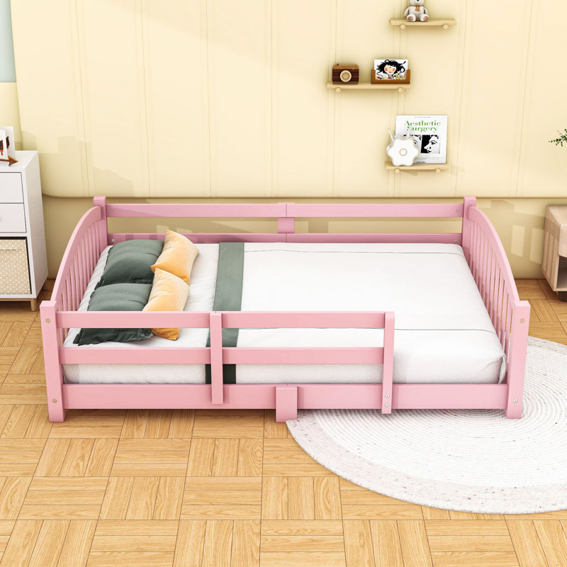 Wood Floor Bed with Safety Guardrails, Full, Pink