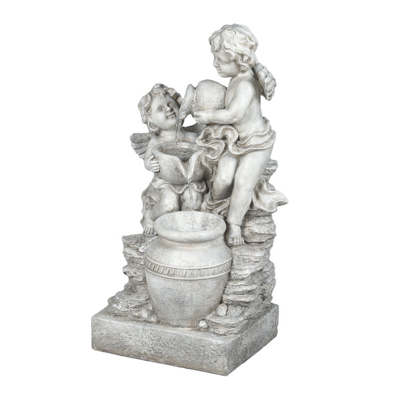 Brook Hallow 29.7'' Outdoor Resin Child Angels Floor Fountain with LED Light