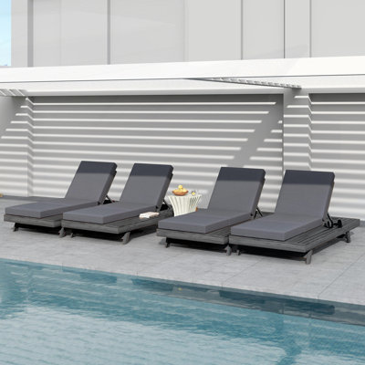 Lounge Chaise Set With Adjustable Backrest, Acacia Wood, Dark Grey & Triple Fold Cushion For Outdoor Relaxation