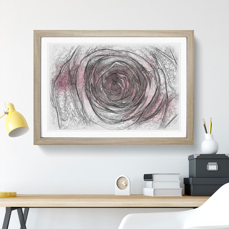 Pink Rose Flower Vol.2 - Picture Frame Drawing, Oak Framed, 27cm H x 36cm W x 2cm D
