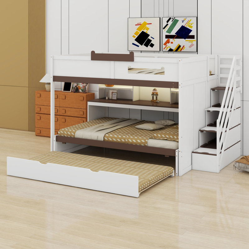 Lit escalier compact avec lit gigogne et tablettes intégrées, DEL, Blanc