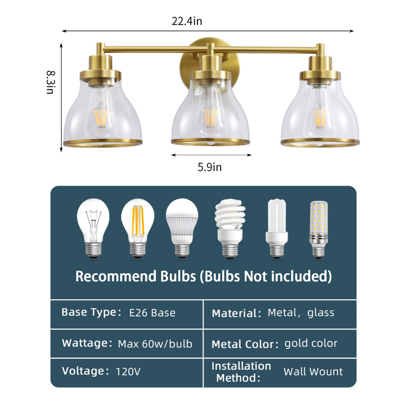 Vanity Light for Bathroom/Hallways/ Dressing Room Clear Glass Shade, Brushed Brass Plating, 3 Lights