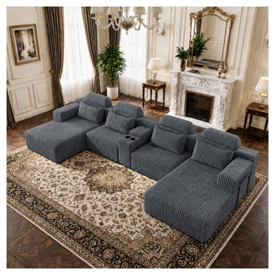 Canapé d'angle modulaire 6 places en velours côtelé gris foncé moderne, en forme de U, avec porte-gobelets et rangement, grand format (145,7 pouces) idéal pour le home cinéma.
