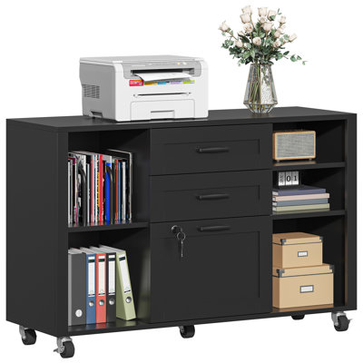 3 Drawer Wood Lateral File Cabinet With Lock, Rolling Mobile Filing Cabinet With Open Storage Shelves, Printer Stand Office Storage Cabinet For Home by Inbox Zero