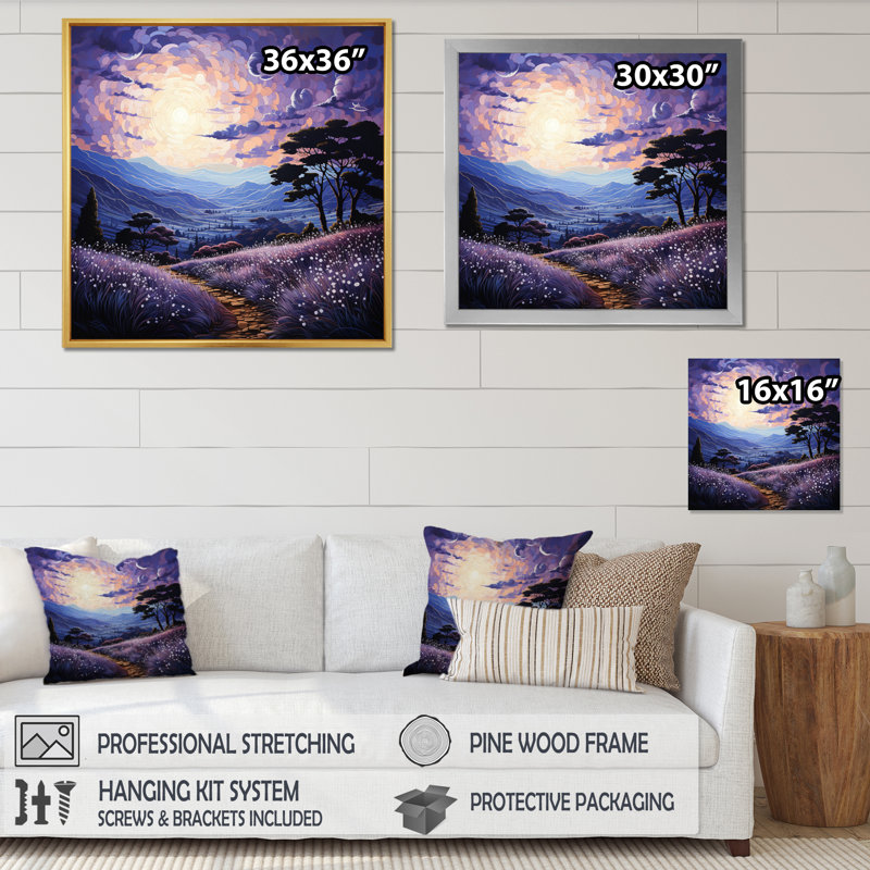 Lavender Enchanting Lavender Pointillism III - Landscapes Canvas Art Print, H 24 po x l 24 po x P 1 po, Cadre flottant doré