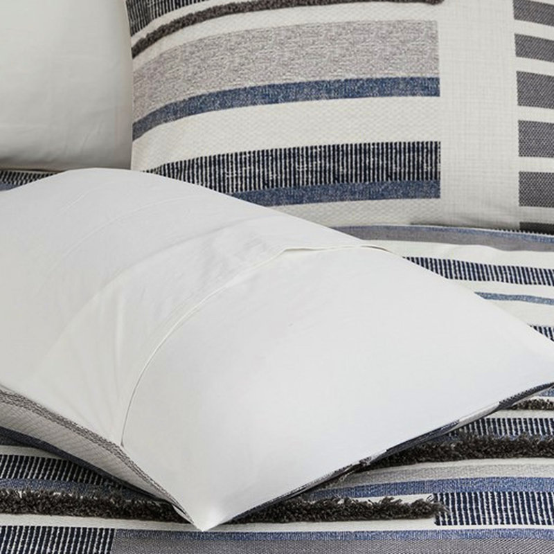 Housse de couette 3 pièces en coton double / grand - imprimé taupe bleu marine, 100% revers blanc, franges et chenille, bouton caché, 4 coins à cravate, lavable à la machine sans stress