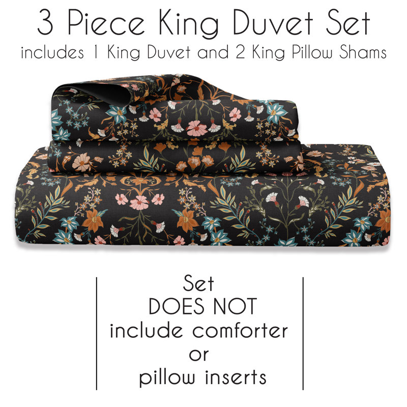 Boho Floral Black and Orange Cotton King Duvet Cover Set