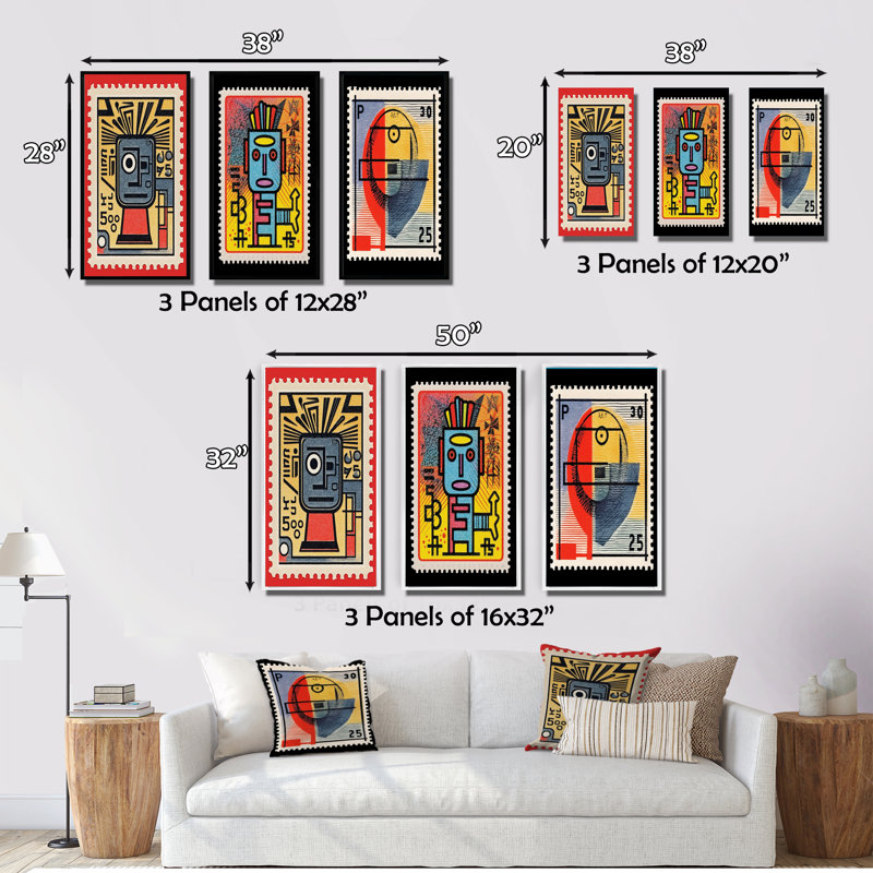 Retro Stamp Tribute To Keith I - Transitional Art Set Of 3 Pieces, Encadrement doré, H 40 po x l 60 po