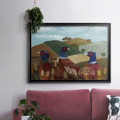 " Pheasant Trio in Field " Mixed Media and Black and White Photography Print