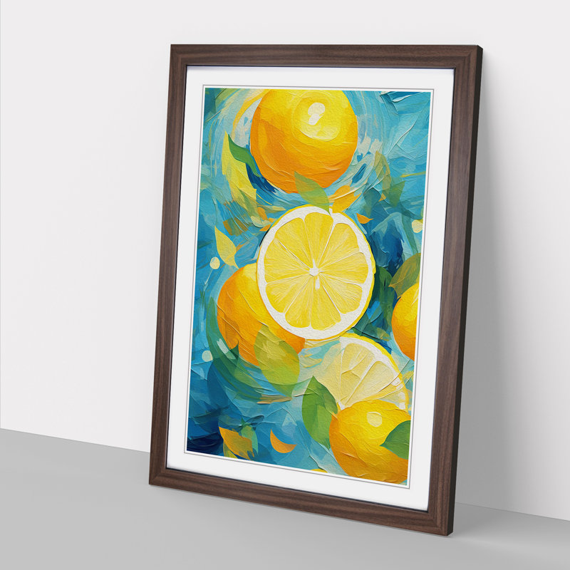Lemon Fruit Abstract - Single Picture Frame Print on Wood, 64cm H x 46cm W x 2cm D, Walnut 