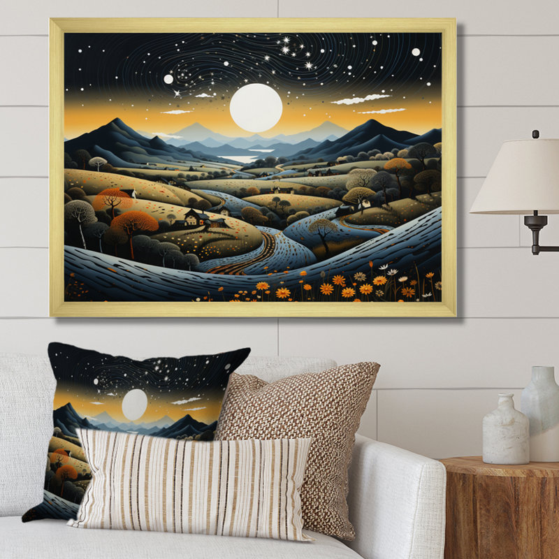 Bleu et or, paysage africain moderne V - art mural moderne sur toile, H 12 po x l 20 po x P 1 po, Encadrement doré