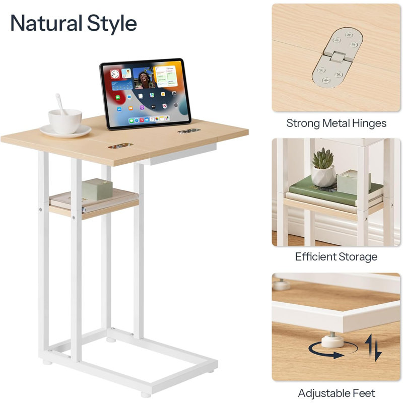 Foldable End Table C Shaped Side Table with Storage Shelf, Natural/White