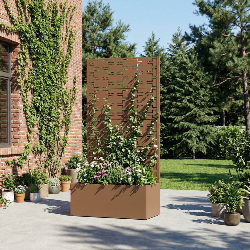 Metal Planter Box with Trellis with Wheels, Brown
