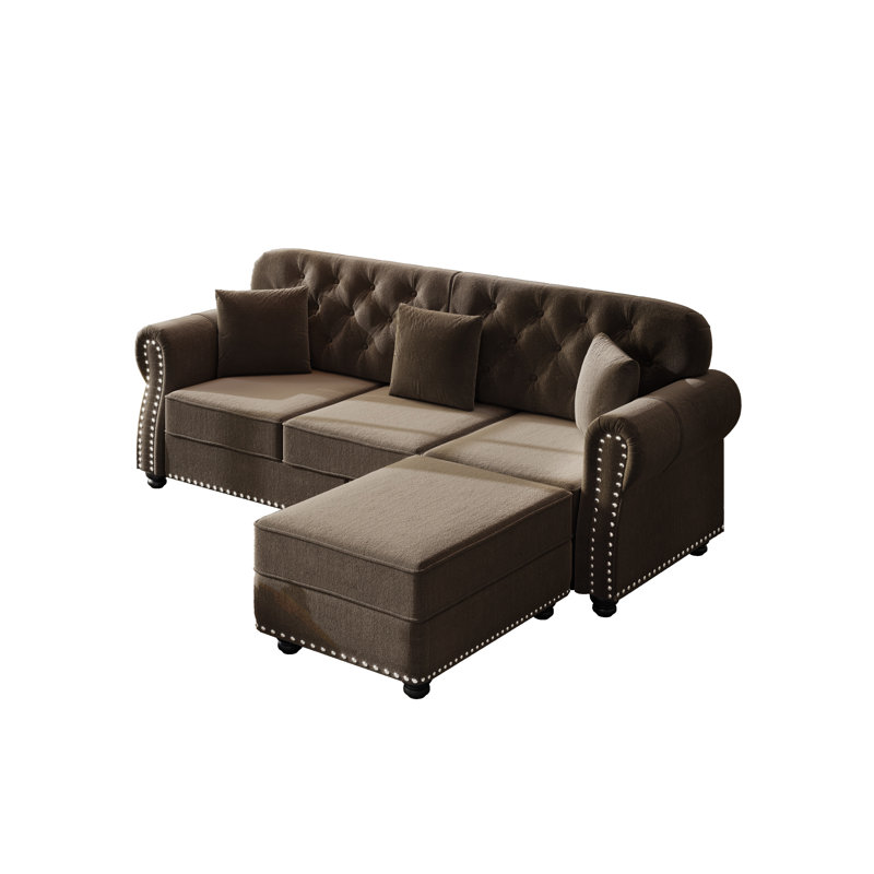Canapé Chesterfield 82,6 po style Mid-Century moderne avec accoudoirs roulés et garniture cloutée, Brun