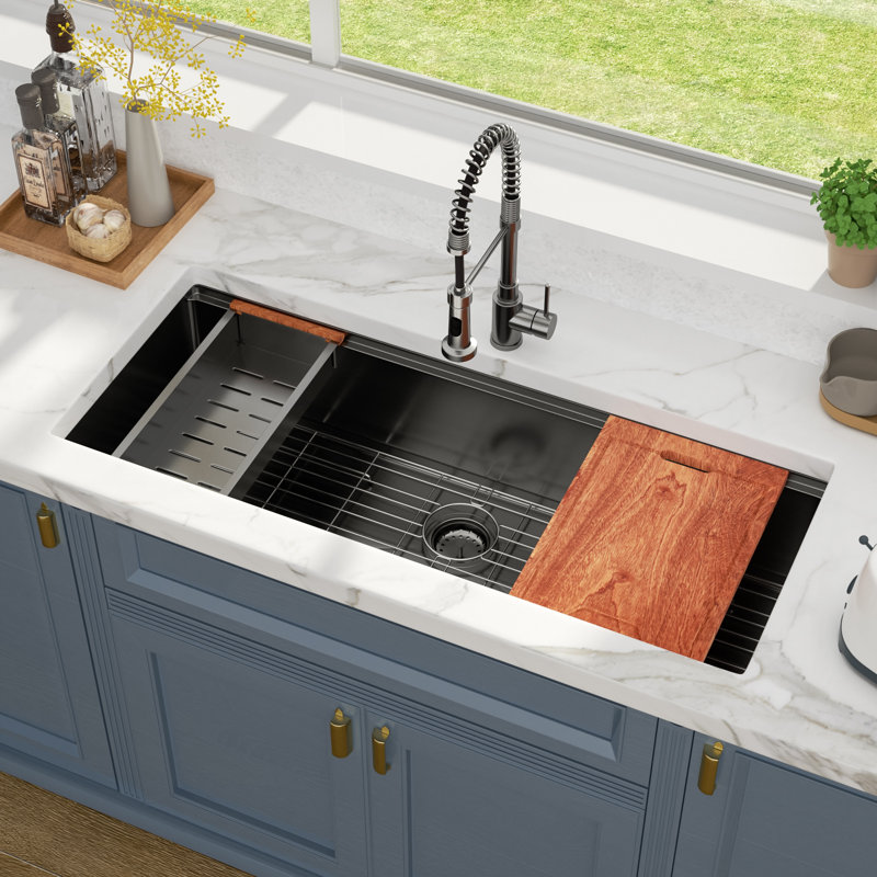 45" L X 19" W Undermount Kitchen Sink 16 Gauge Stainless Steel Kitchen Sink Large Single Bowl Sink, GunMetal Black