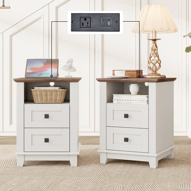Hutchison Nightstand With Charging Station, Farmhouse Side Table With 2 Tiers Storage Drawer And 1 Open Wood Cubby For Bedroom, Office, Barnwood