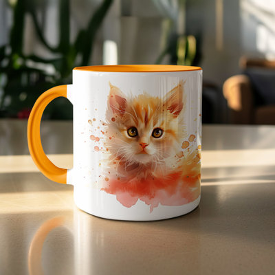 Cat Design 11oz Accent Mug – Ceramic Coffee Cup with Colored Handle and Interior