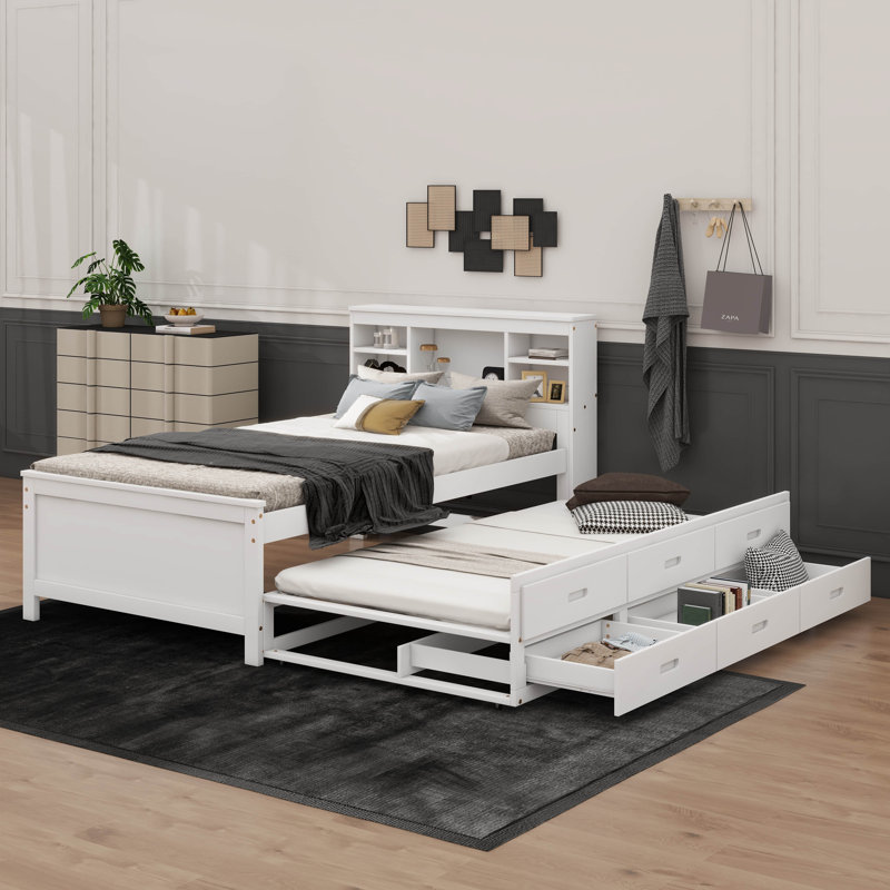 Lit plateforme avec tête de lit avec rangement, ports USB, lit gigogne simple et 3 tiroirs, Lit simple, Blanc