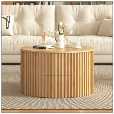 Table basse ronde à plateau relevable avec rangement caché, décor moderne en bois cannelé pour la polyvalence du salon