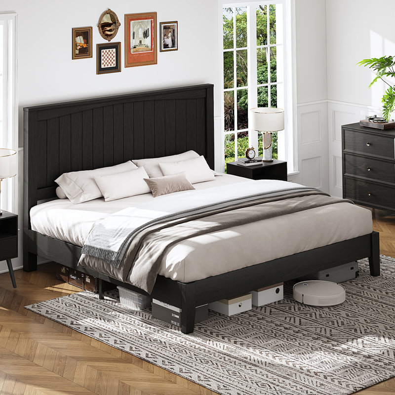 48.4'' Tall Headboard Solid Wood Bed Frame, Queen, Black