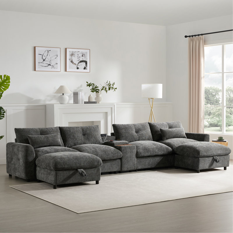 Canapé modulaire modulaire avec console, porte-gobelet, chargeur USB, repose-pieds de rangement mobile, conception à tirette et capitonnée, canapé en chenille surdimensionné en forme de U pour salon et appartement