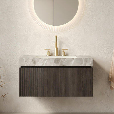 36" Floating Wall-Mounted Bathroom Vanity ( Finishes) – Pre-Assembled Plywood Cabinet With Italian Light Gray Sintered Stone Top & Undermount Ceramic Sink