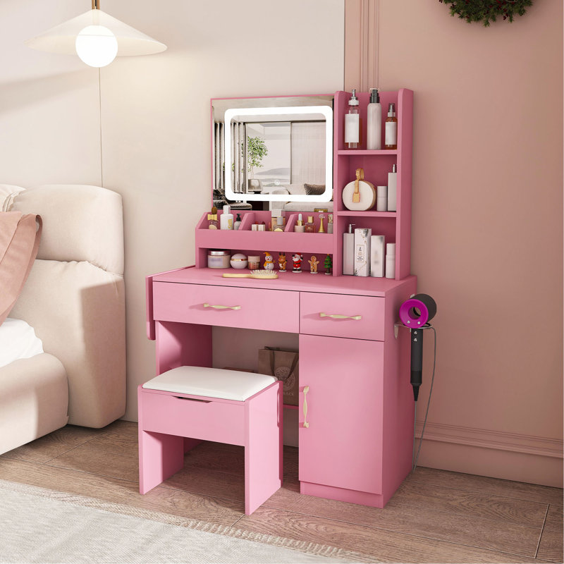 Vanity Desk With LED Mirror Lights And Power Outlet Charging Station, Makeup Dressing Table With 3 Drawers, 7 Shelves And Storage Stool, For Girls And Women