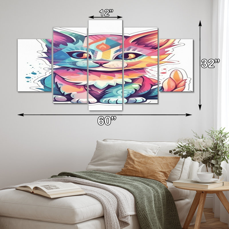 Illustration de chat rose mignon chaton II - animaux, décoration murale chat - 5 panneaux
