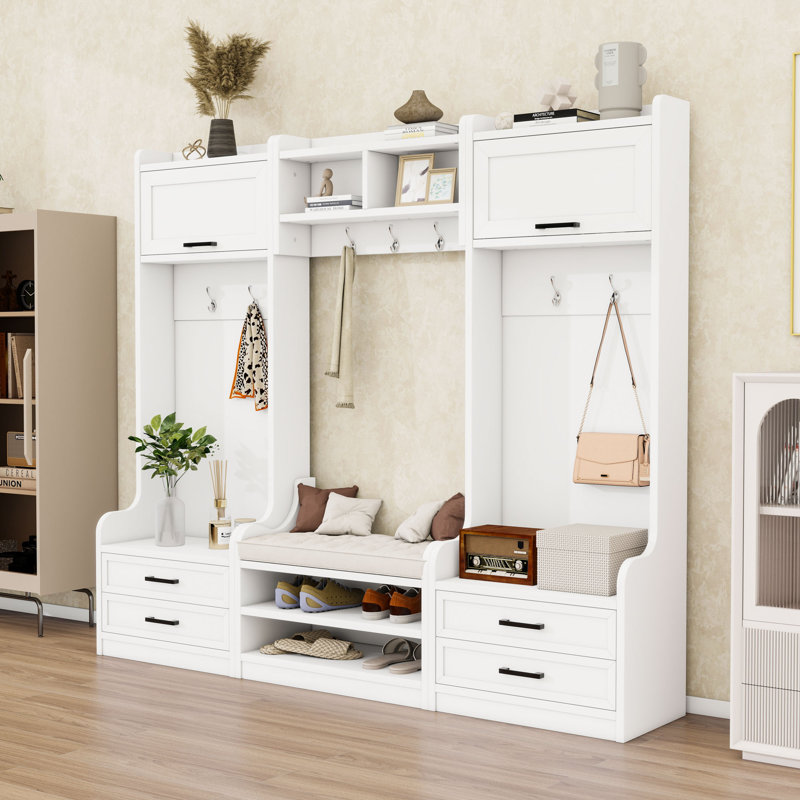 Multi-Functional Hall Tree with Storage Cabinets, Drawers and Hooks, White