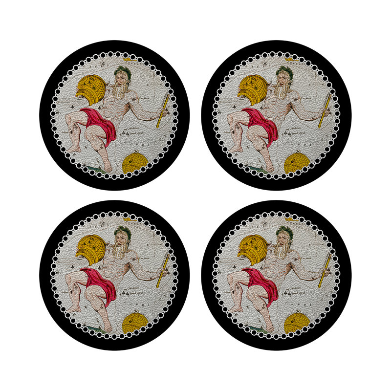Zodiac Aquarius Vegan Leather Round Pebble Placemat, Black