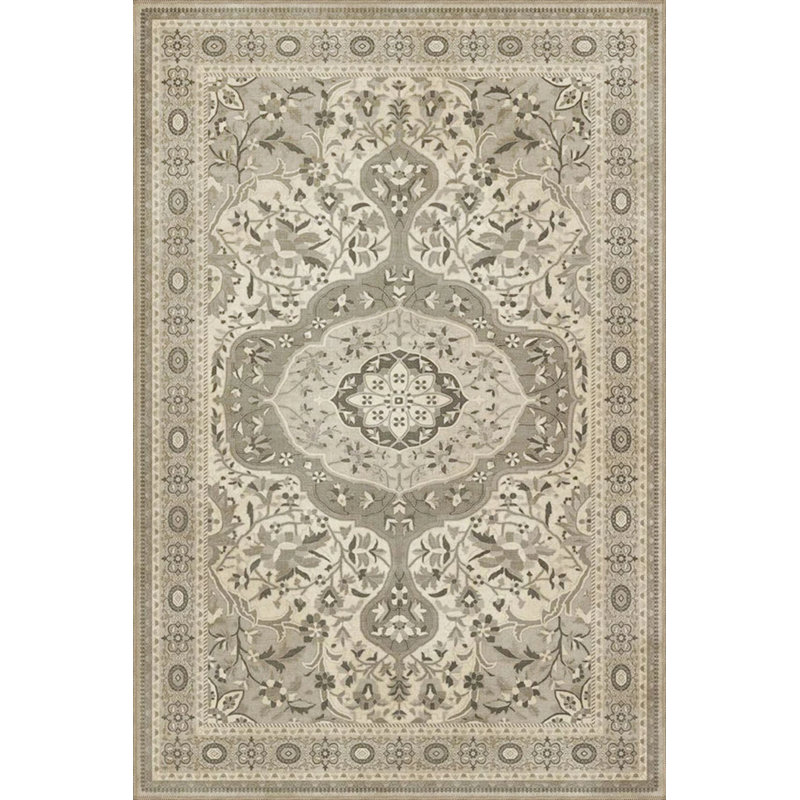 Cream Floral Traditional Woven Base Washable Carpet, Round 4'