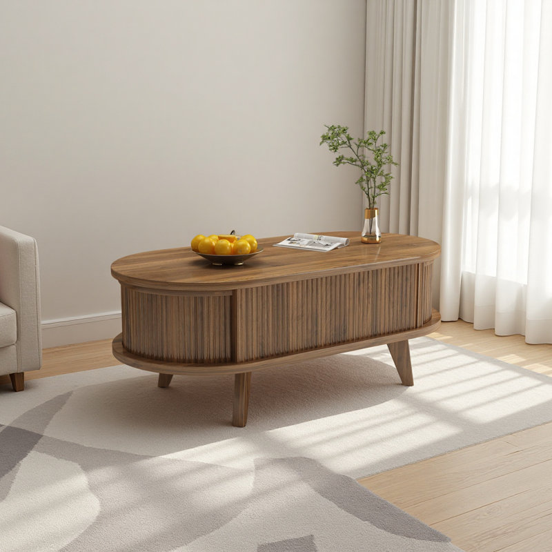 Table basse cannelée à plateau relevable avec compartiment caché, table centrale en bois, plateau de table ovale moderne pour bureau de salon à domicile