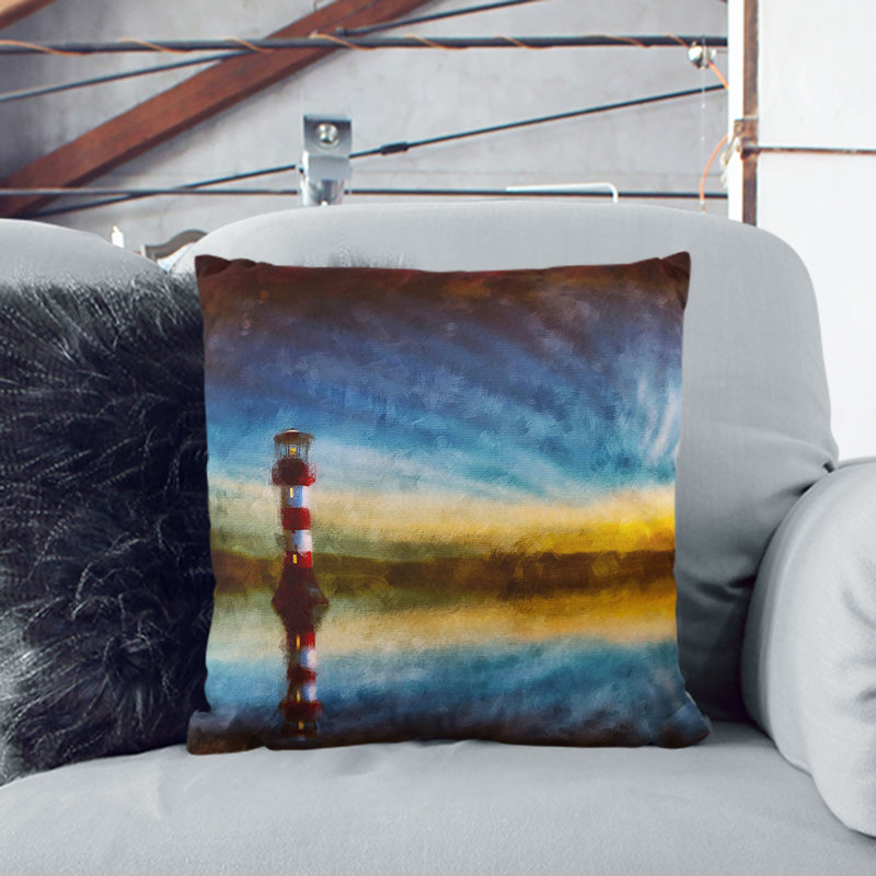 Lighthouse and Seascape During Sunset Painting Cushion with Filling, 40cm H x 40cm W x 15cm D