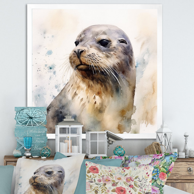 Curieux otarie II sur toile, Cadre simple blanc, H 30 po x l 30 po x P 1 po