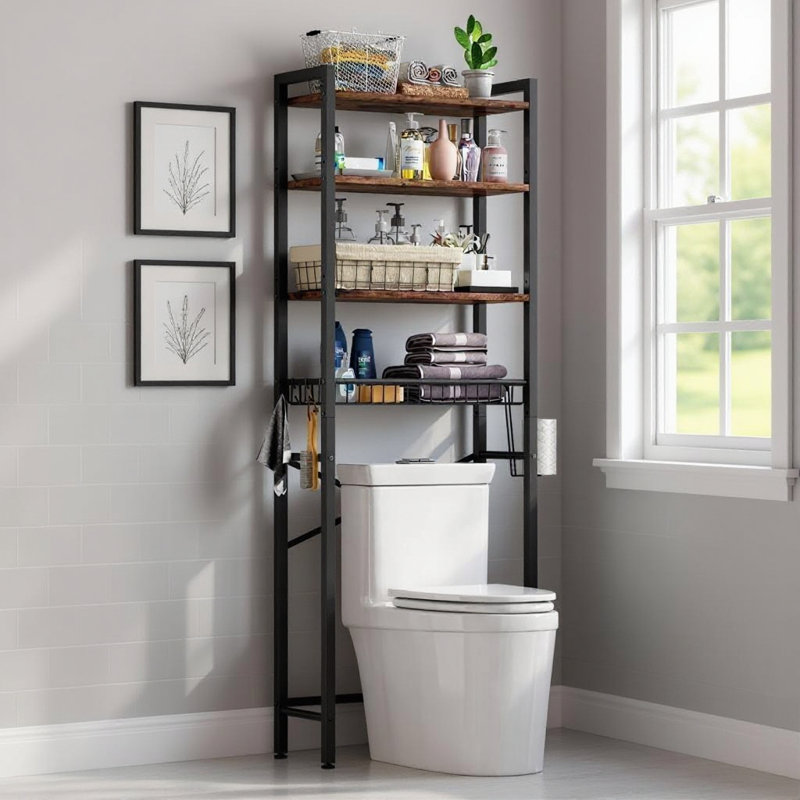 Vintage Brown Four‑Tier Wooden Shelf With Adjustable Height Above Toilet For Bathroom Storage Including Toilet Paper Holder