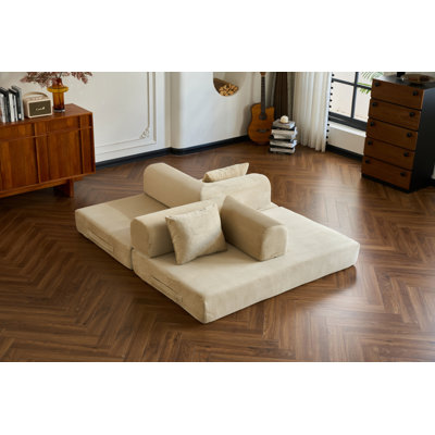 59'' Convertible Sleeper Sofa Bed With Cylindrical Pillow, Corduroy Folding Mattress Couch With Fixed-Shape Frame, Floor Sofa Lounge Couch For Living Room Bedroom