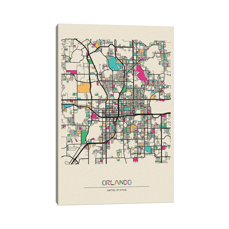 Orlando, Florida Map by Ayse Deniz Akerman - Wrapped Canvas Painting, 20.32 cm H x 30.48 cm W