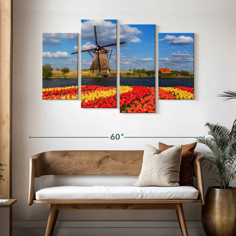 Nicci, tulipes et moulin à vent hollandais, H 32 po x l 52 po
