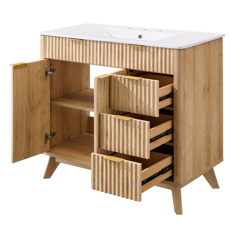 36" Freestanding Bathroom Vanity With Ceramic Sink, Natural Oak
